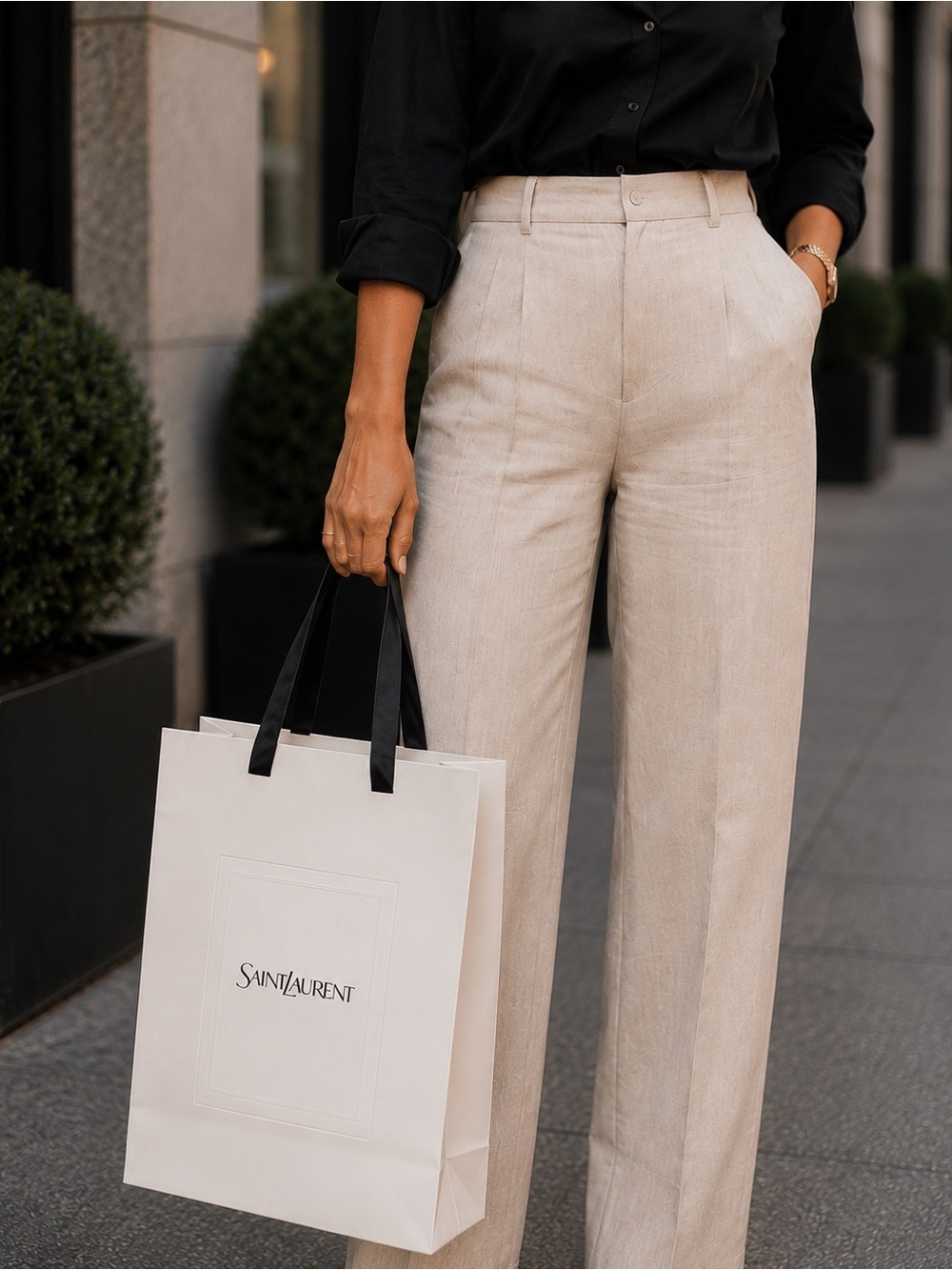 Yves Saint Laurent White Shopping thick Paper Tote with Black Handles - Picture 3 of 4